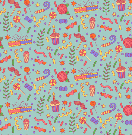 Party birthday colorful cute doodle icons seamless vector patternのイラスト素材