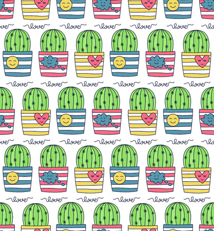 Cactus succulent in pot colorful trendy seamless vector patternのイラスト素材