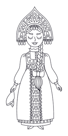 Russian woman female in traditional clothes doodle line vector illustrationのイラスト素材
