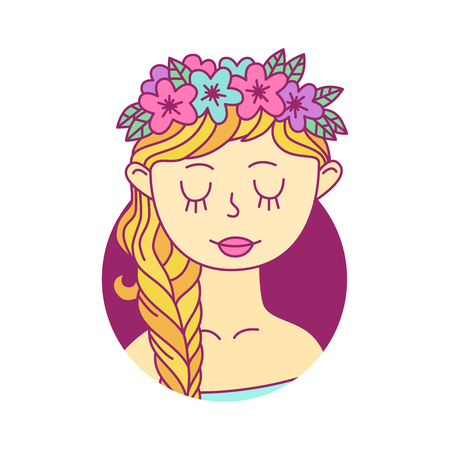 Girl with flowers in hair colorful cute portrait cartoon character vector illustrationのイラスト素材