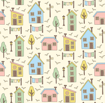 Houses in nordic scandinavian style colorful village seamless vector patternのイラスト素材