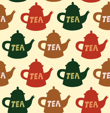 Tea pot silhouette with letters word tea simple colorful cute seamless vector patternのイラスト素材