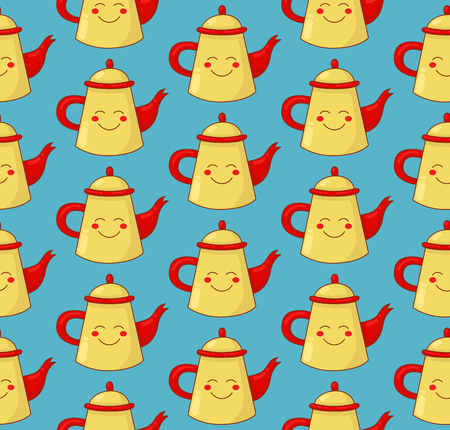 Nice smiling teapot, cute doodle seamless vector pattern.のイラスト素材