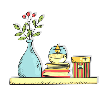 Interior shelf with books vase flowers candle and box doodle line vector illustration colorful のイラスト素材