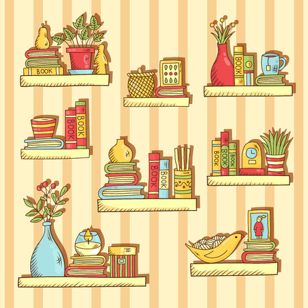 Interior book shelves colorful doodle line icpons vector setのイラスト素材