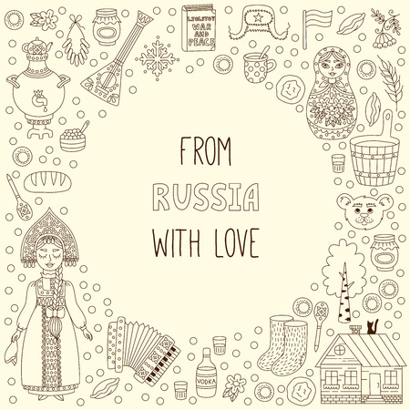 Russia icons doodle line symbols round decorative vector frame borderのイラスト素材