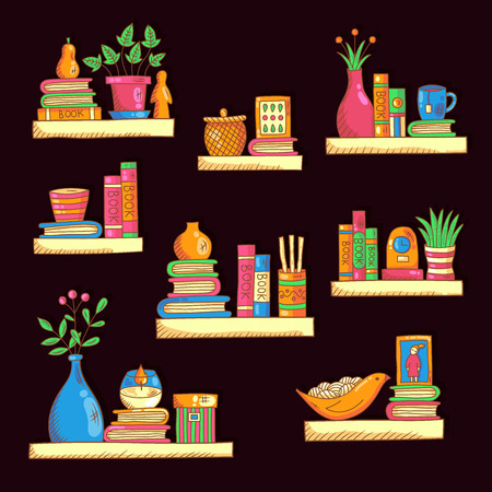 Interior shelves doodle colorful vector collectionのイラスト素材