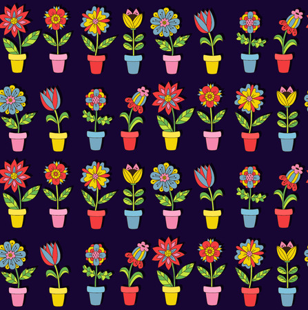 Flowers in pot colorful cute cartoon doodle seamless vector patternのイラスト素材