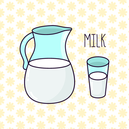 Jug of milk and glass doodle cartoon colorful vector iconのイラスト素材