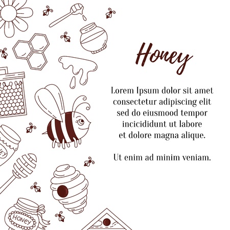 Honey doodle line icons cute row border vector template with bee and honey jarのイラスト素材