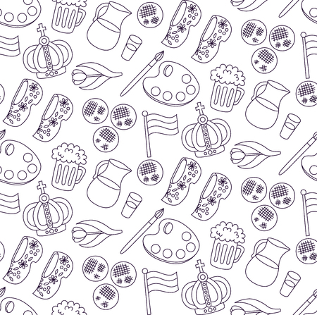 Holland Netherlands doodle line vector icons traditional souvenirs seamless vector patternのイラスト素材