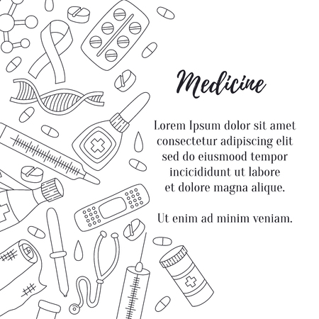 Medical healthcare doodle icons vector set banner template with sample textのイラスト素材