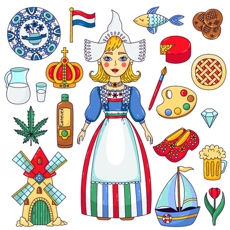 Holland Netherlands traditional national symbols icons and female character vector setのイラスト素材