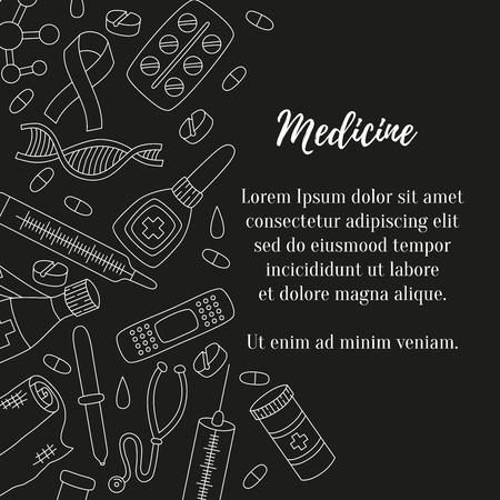 Medicine healthcare doodle line black and white icons banner templateのイラスト素材