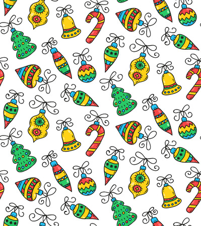 Christmas tree toys colorful festive cute doodle balls seamless vector patternのイラスト素材
