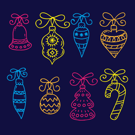 Christmas tree toys balls doodle colorful line vector setのイラスト素材