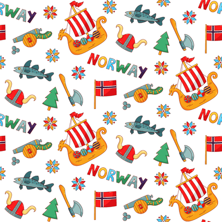 Norway symbols doodle cartoon colorful seamless vector patternのイラスト素材