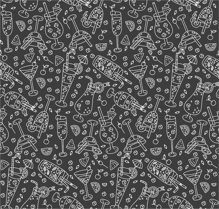 Cocktails seamless vector pattern doodles on black backgroundのイラスト素材