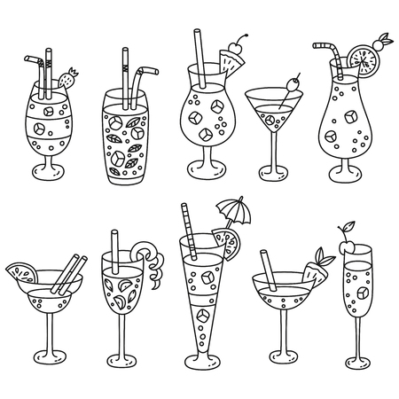 Doodle cocktails alcohols fresh drinks icons vector setのイラスト素材