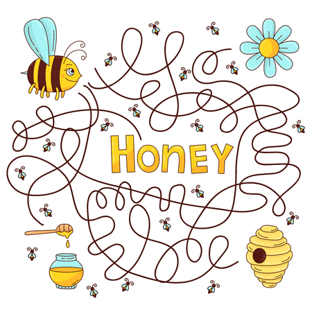 Bee honey labyrinth vector quiz for children educational gameのイラスト素材