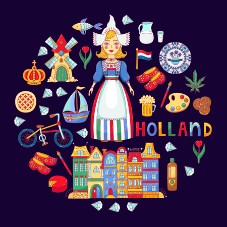 Illustration for Holland Netherlands doodle cartoon icons vector set national symbols - Royalty Free Image