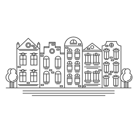 City street building facade panatoma thin line art vector illustrationのイラスト素材