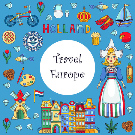 Holland Netherlands doodle cartoon icons vector set designed ad decorative frameのイラスト素材