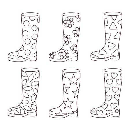 Rubber boots doodle line black and white vector icons setのイラスト素材