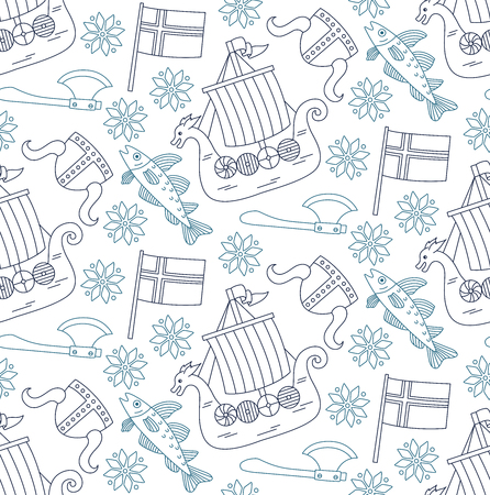 Norway Viking Scandinavia doodle symbols traditional icons seamless vector patternのイラスト素材