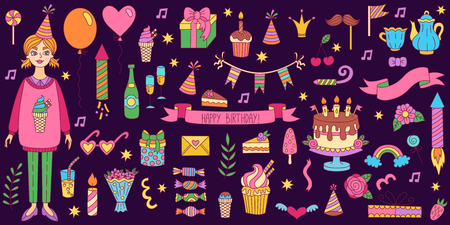 Birthday party cute colorful icons doodles vector setのイラスト素材