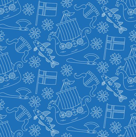 Norway scandinavia doodle line icons seamless patternのイラスト素材