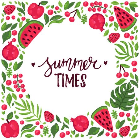 Fruits and leaf doodle decorative vector border with sample textのイラスト素材