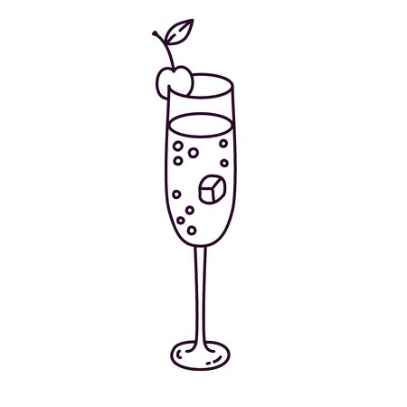 Cocktail alcohol drink with cherry bubbles and ice doodle vector illustrationのイラスト素材