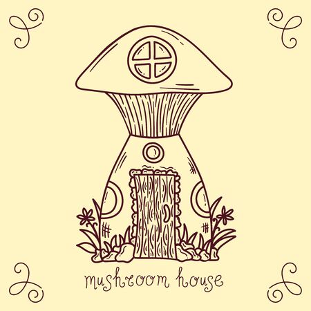 Doodle line mushroom house vector illustrationのイラスト素材