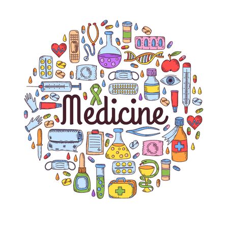Medicine healthcare equipment doodle line colorful icons vector setのイラスト素材