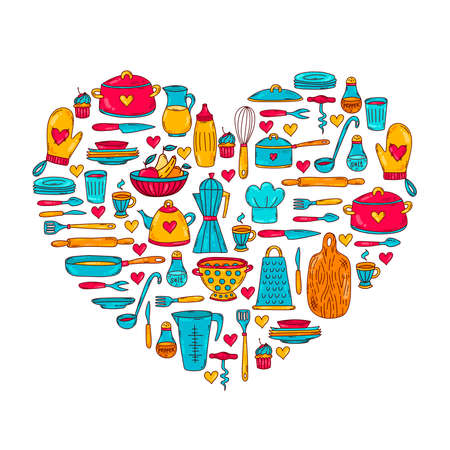 Cooking equipment doodle cute colorful icons vector set heart shape designのイラスト素材