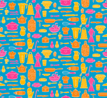 cooking kitchen icons colorful seamless vector patternのイラスト素材