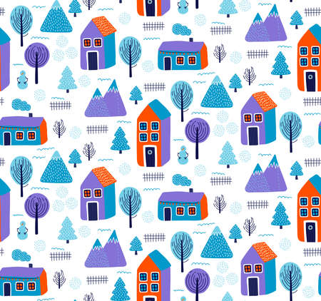 Cute winter christmas town city village seamless vector patternのイラスト素材