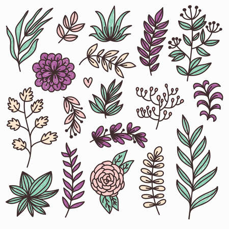 Botanical floral doodle design elements vector setのイラスト素材