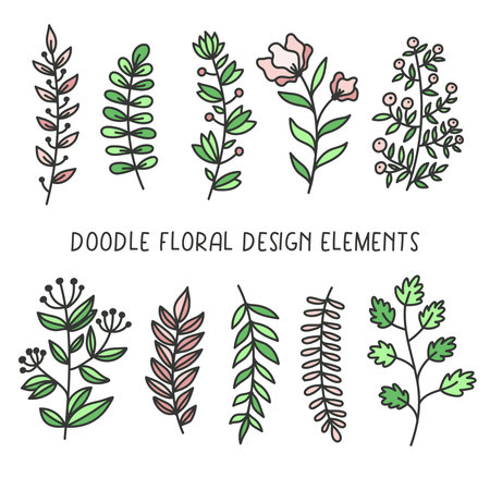 Doodle decorative floral elements boho vector setのイラスト素材