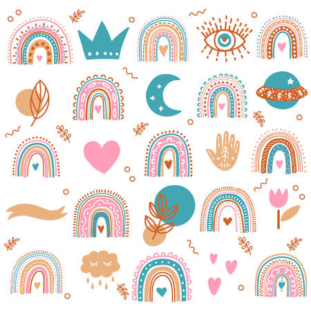 Boho bohemian magic icons cute colorful vector setのイラスト素材