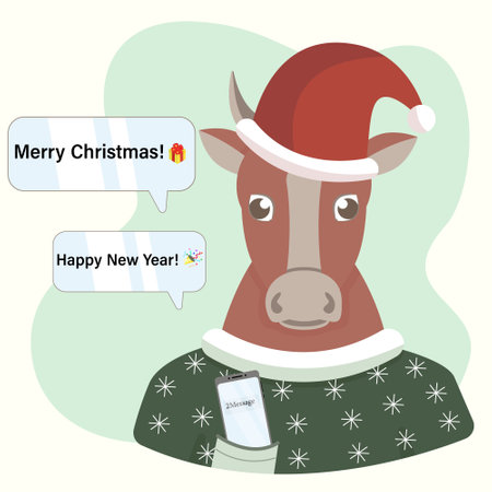Bull in a hat with a phoneのイラスト素材