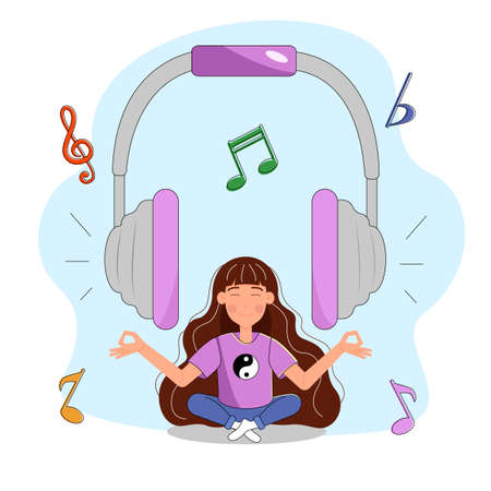 Cartoon girl listens to music on headphones and enjoys. Vector illustrationのイラスト素材
