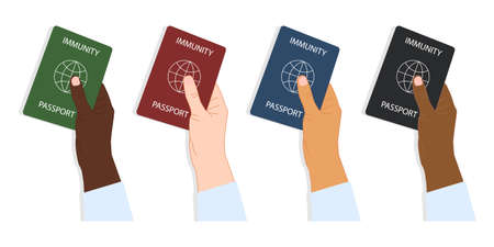 Hands of different nationalities holding multicolored collections of immune passports. Vaccination, negative result of  avirus, vaccination document. Flat style. Vectorのイラスト素材