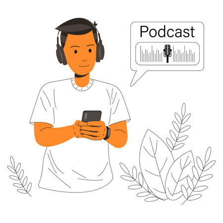The guy in the headphones is listening to a podcast and music. Podcasts. The guy is holding a phone. Linear image. vector illustrationのイラスト素材