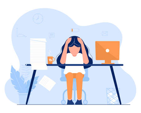 Tired worker sitting at the table. Emotional burnout. Long working day in the office. Vector illustration in flat styleのイラスト素材