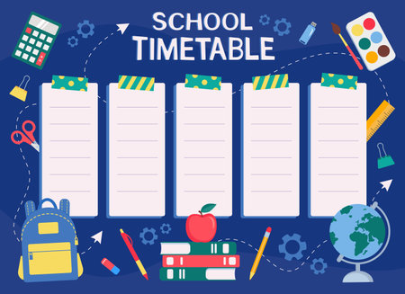 Back to school. Timetable template. School supplies. Vector illustrationのイラスト素材