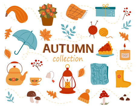 Autumn collection. Fall season cozy attributes bundle. Autumn accessories, leaves and colorful harvest set. Decorative design elements isolated on white. Vector illustrationのイラスト素材