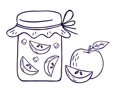Fruit jam glass jar. Jelly and marmalade with apple. Hand drawn food illustration. Vectorのイラスト素材