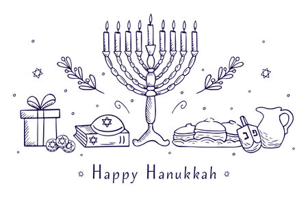 Happy Hanukkah card with lettering text and Menorah with 9 candles, donuts, gift box and coins on white background. Jewish holiday elegant banner template. Vector postcard in doodle styleのイラスト素材
